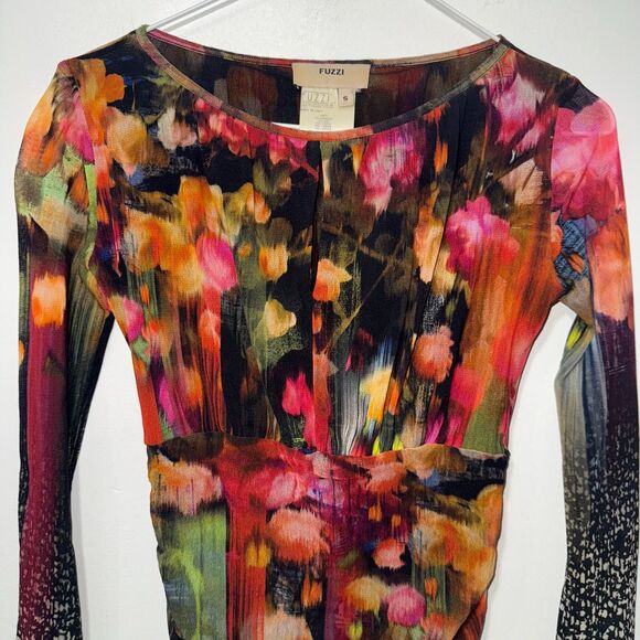 FUZZI Long Sleeve Printed Fitted Tulle Mesh Stretch Dress - Multi S - Picture 3 of 5